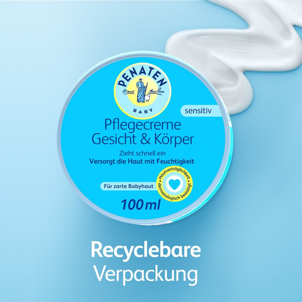 Blauer Tiegel mit Creme und Text: PFLEGECREME Gesicht & Körper. 100ml. Recyclebare Verpackung.