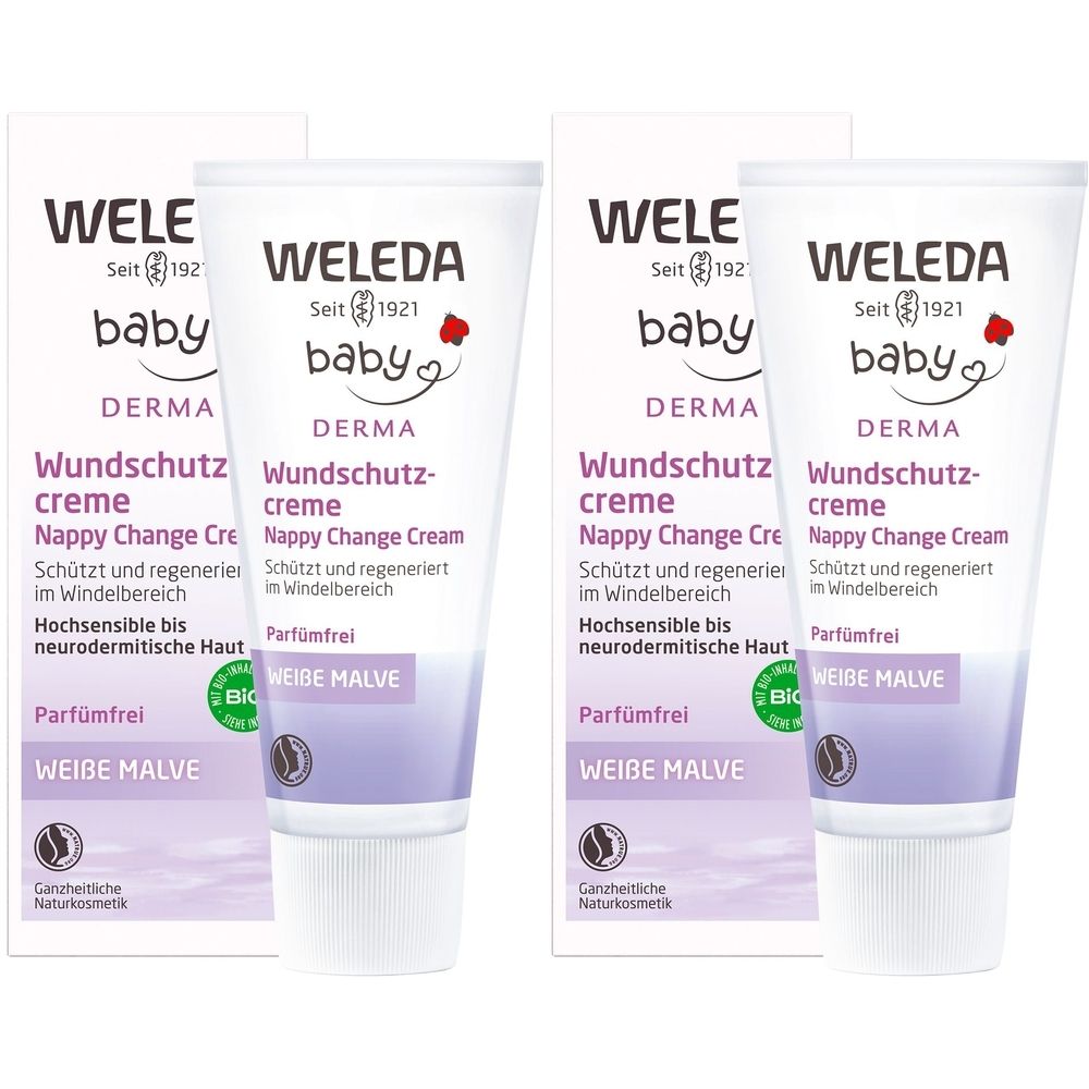 Mehrere Tuben Weleda Baby Wundschutzcreme. Weiße Tube mit lila Schrift und Logo. Text: Nappy Change Cream, parfümfrei.