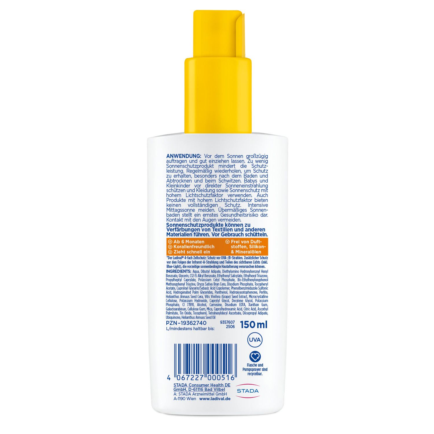 Rückseite einer Ladival® Sonnenschutz-Spray-Flasche. Enthält Informationen zur Anwendung, Inhaltsstoffe und Hersteller.