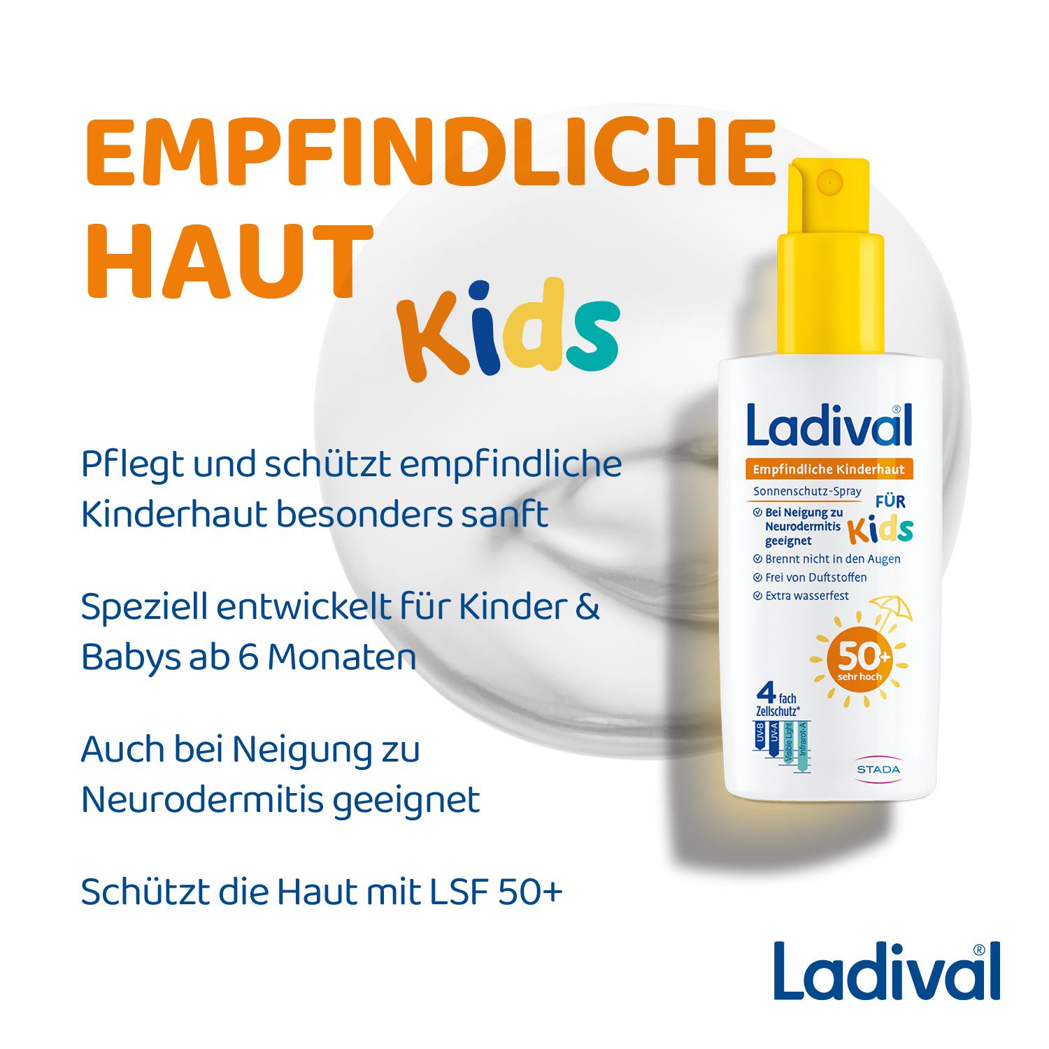 Ladival® Sonnenschutz-Spray für empfindliche Kinderhaut. Text: Pflegt und schützt empfindliche Kinderhaut, speziell für Babys ab 6 Monaten.