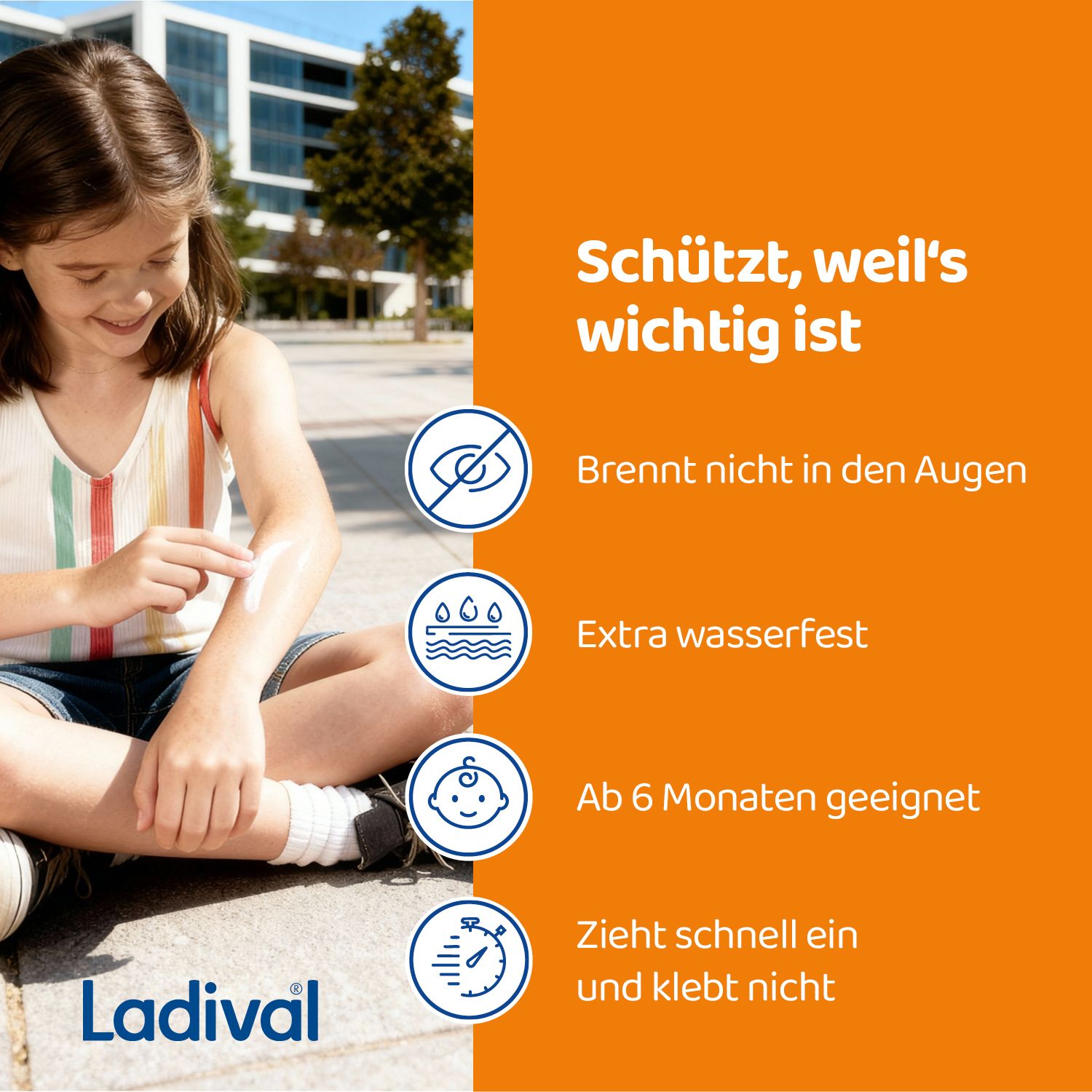 Kind mit Arm. Text: Brennt nicht in den Augen, extra wasserfest, ab 6 Monaten geeignet, zieht schnell ein und klebt nicht.