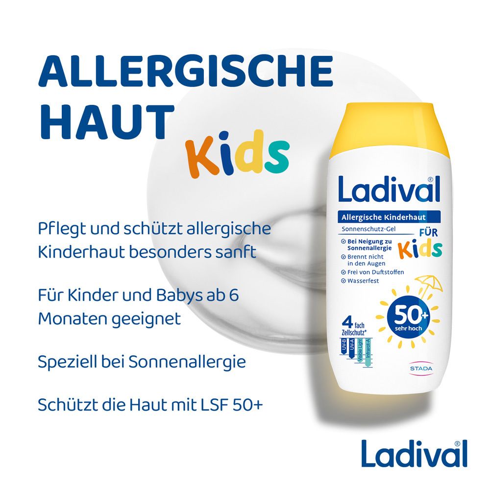 Ladival® Allergische Kinderhaut Sonnenschutz-Gel für Kids. Produktabbildung mit Text über Vorteile.