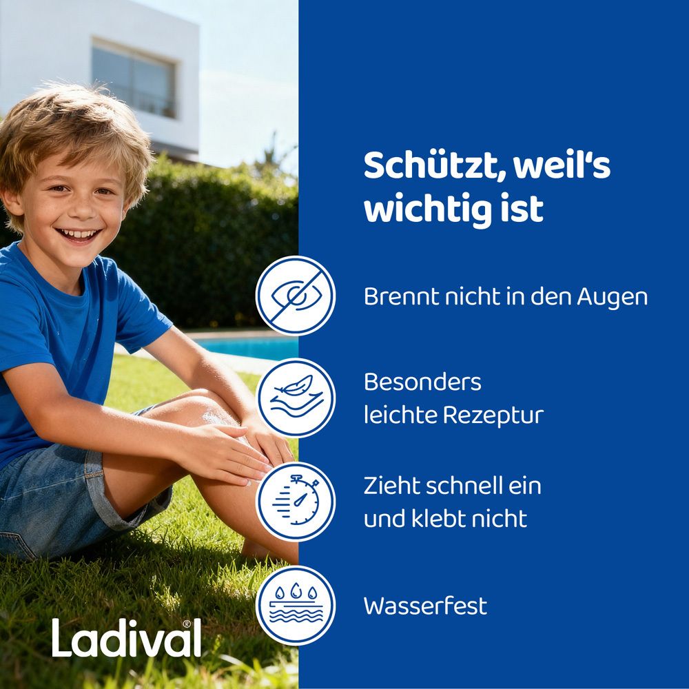 Junge lächelt. Text über Vorteile: brennt nicht in den Augen, leichte Rezeptur, zieht schnell ein, wasserfest.