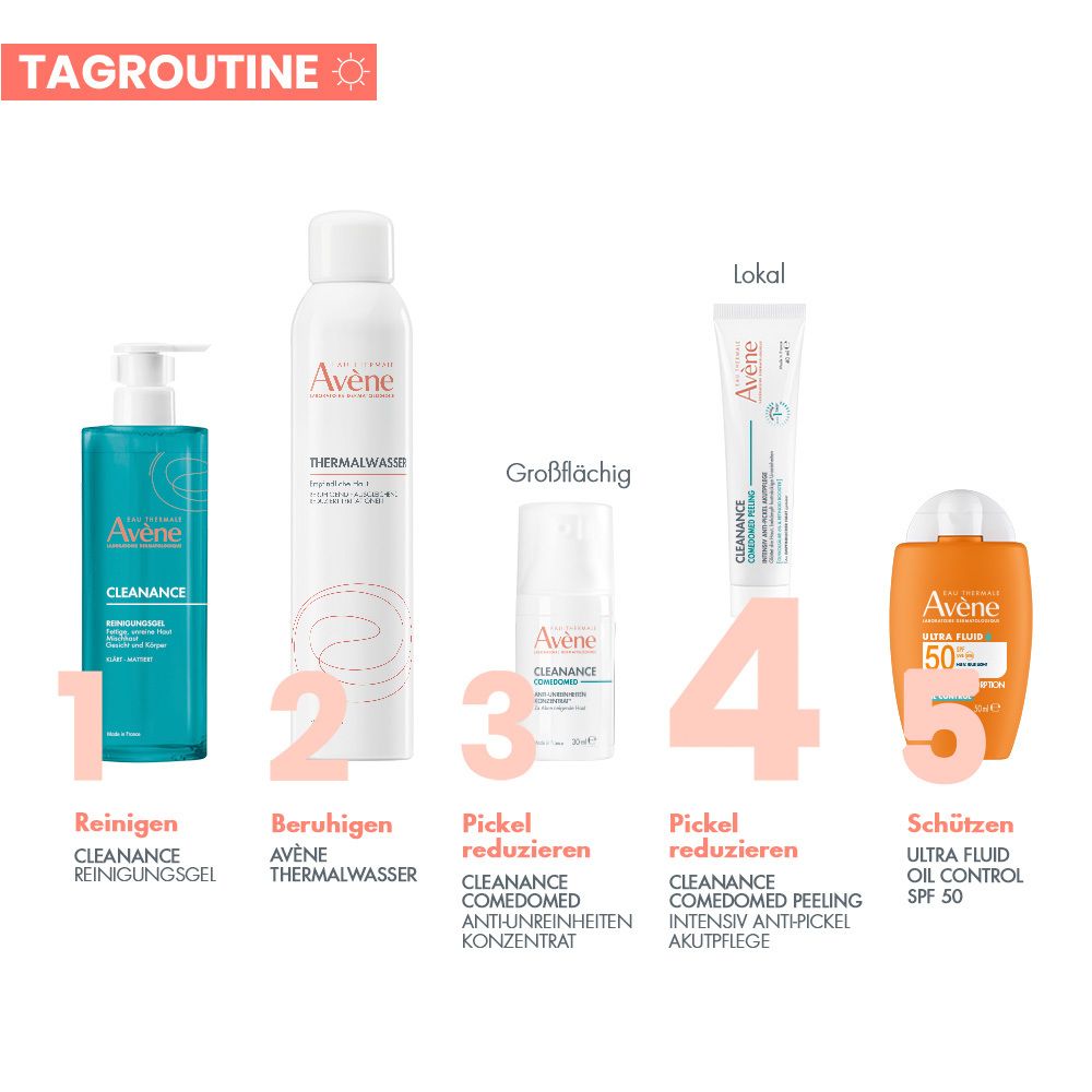 Avène Cleanance Comedomed Peeling Intensiv Anti-Pickel Akutpflege + Avène Cleanance Comedomed Anti-Unreinheiten Konzentrat + Avène Cleanance Reinigungsgel - bei Akne, Pickel und Mitesser