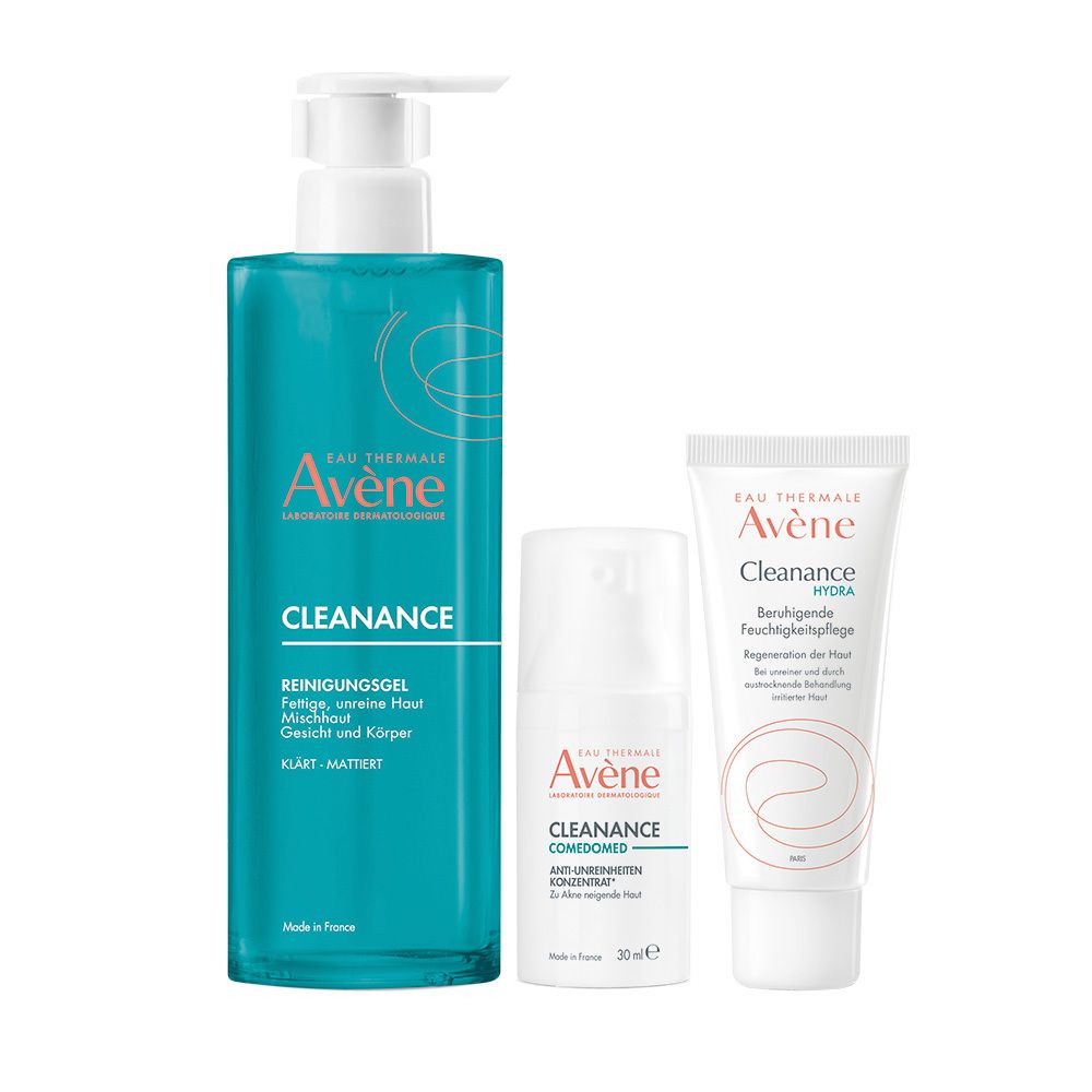 Drei Produkte: Avène Cleanance Reinigungsgel, Konzentrat und Feuchtigkeitspflege. Alle in weißen und türkisen Verpackungen.