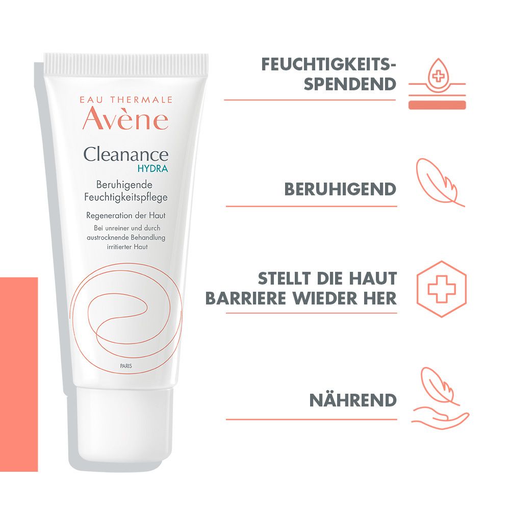 Avène Cleanance Hydra beruhigende Feuchtigkeitspflege. Weiße Tube. Text: Beruhigende Feuchtigkeitspflege.