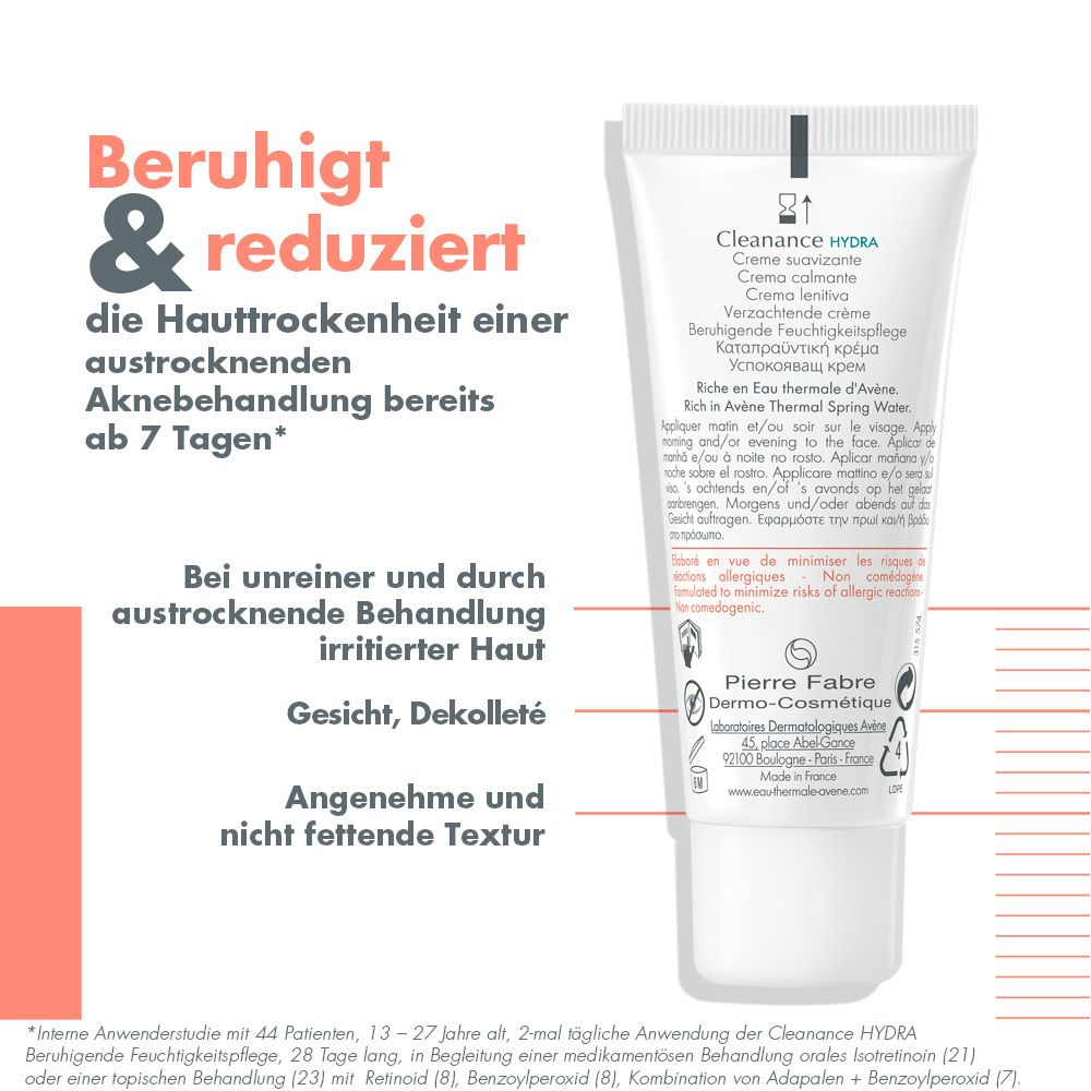 Rückseite der Avène Cleanance Hydra Feuchtigkeitspflege. Text: Für irritierte Haut. Angenehme Textur.