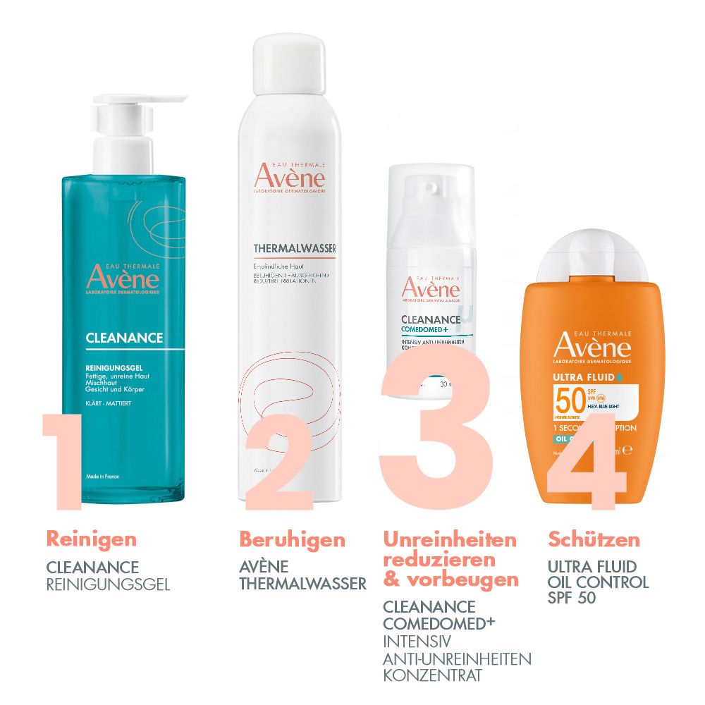 Vier Avène Produkte. 1: Reinigungsgel. 2: Thermalwasser. 3: Cleanance Comedomed. 4: Ultra Fluid SPF 50.