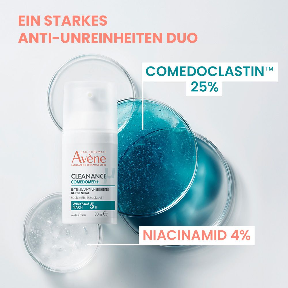 Avène Cleanance Comedomed Konzentrat. Weiße Flasche. Inhaltsstoffe: Comedoclastin 25%, Niacinamid 4%.