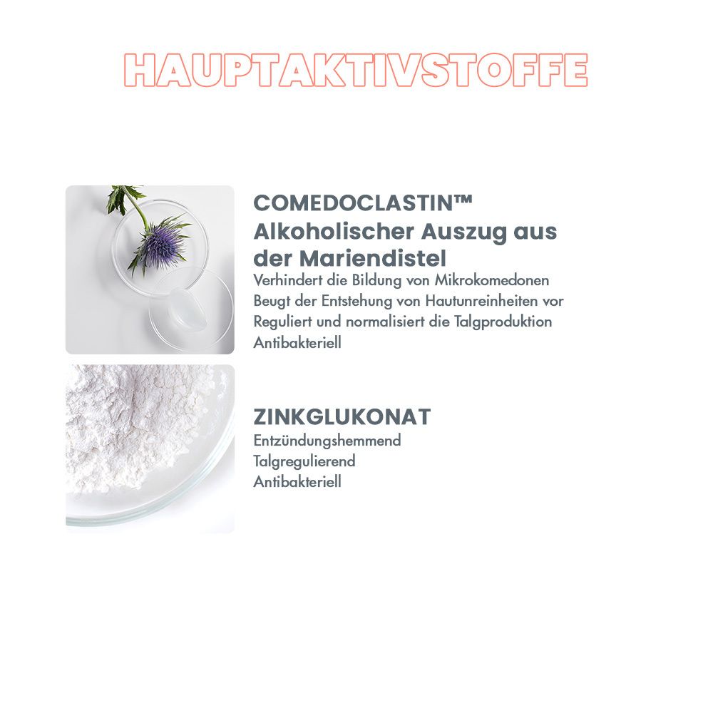 Zwei Schalen mit Inhaltsstoffen. Text: Comedoclastin, Zinkglukonat. Illustrationen: Distel, Pulver. Text: Hauptaktivstoffe.