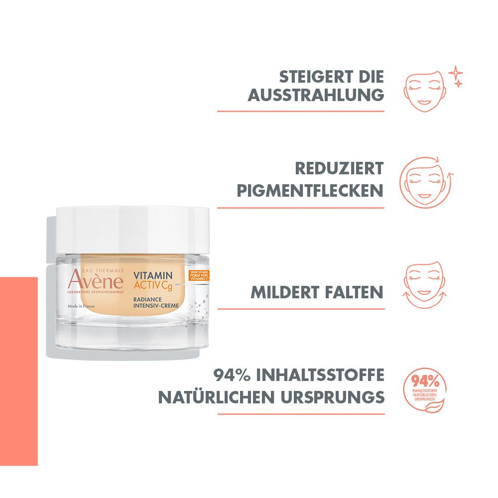 Creme in Glas. Aufschrift: Vitamin Activ Cg, Radiance Intensiv-Creme. Text: Steigert Ausstrahlung, reduziert Pigmentflecken, mildert Falten.