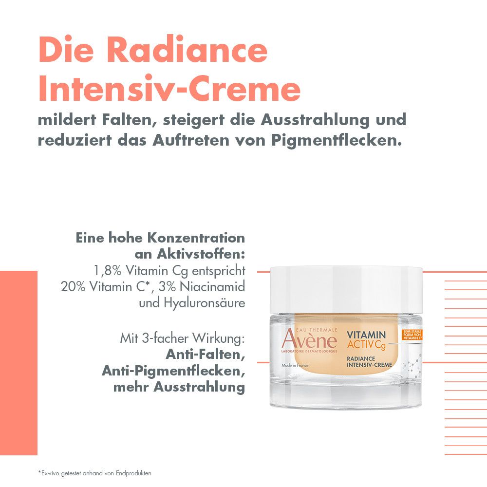Creme in Glas. Text: Die Radiance Intensiv-Creme mildert Falten, steigert Ausstrahlung und reduziert Pigmentflecken. Mit Logo.