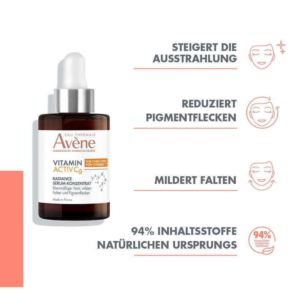 Serum in Braunglasflasche mit Pipette. Text: Steigert Ausstrahlung, reduziert Pigmentflecken, mildert Falten. Mit Logo.