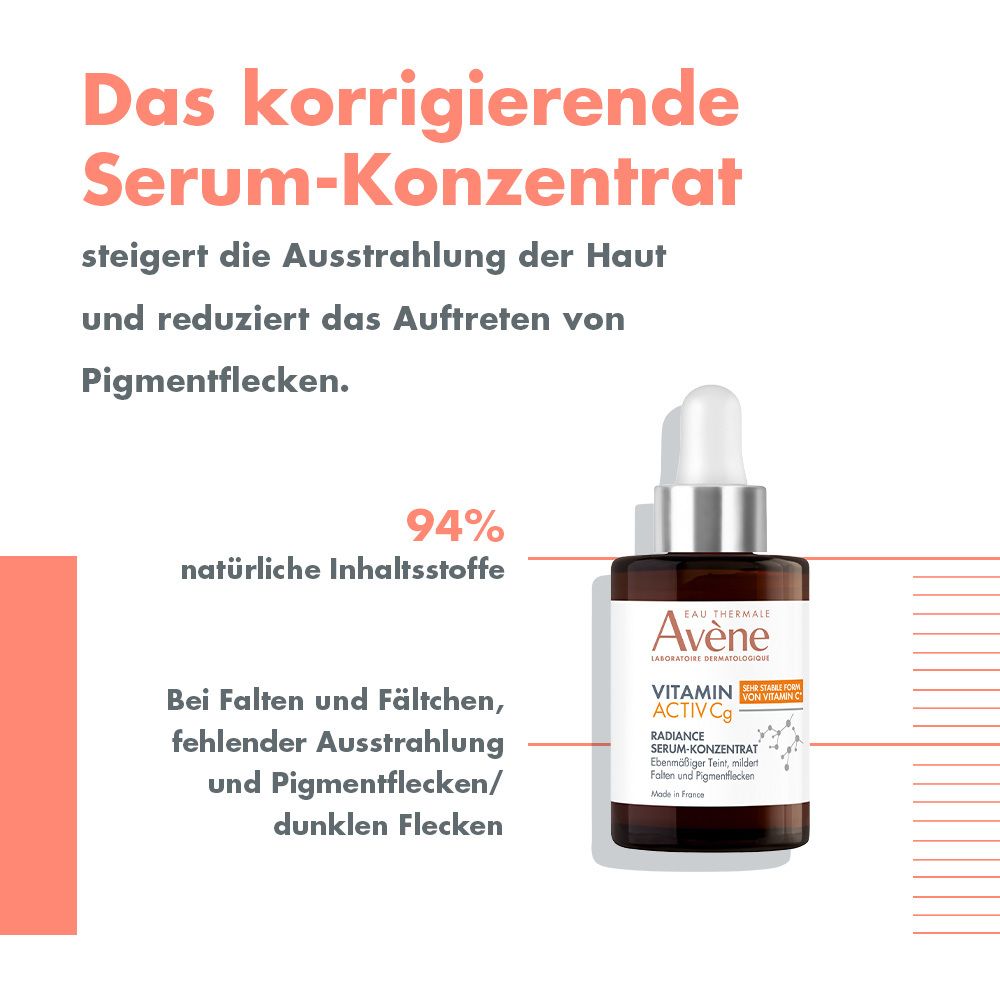 Serum in Braunglasflasche mit Pipette. Text: Das korrigierende Serum-Konzentrat. Mit Logo. Text: 94% natürliche Inhaltsstoffe.