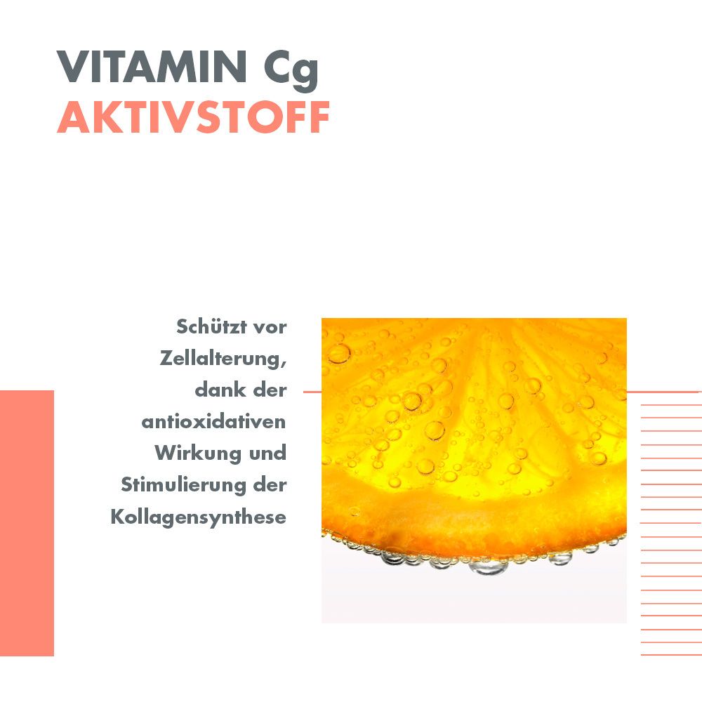 Nahaufnahme einer Orangenscheibe. Text: Schützt vor Zellalterung, dank antioxidativer Wirkung und Stimulierung der Kollagensynthese.