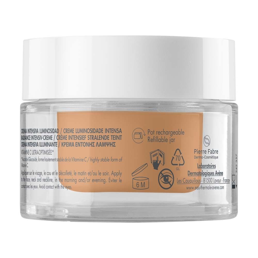Avène Vitamin Activ Cg Creme. Rückseite des Glasbehälters. Text: „Pot rechargeable“ und Symbole.