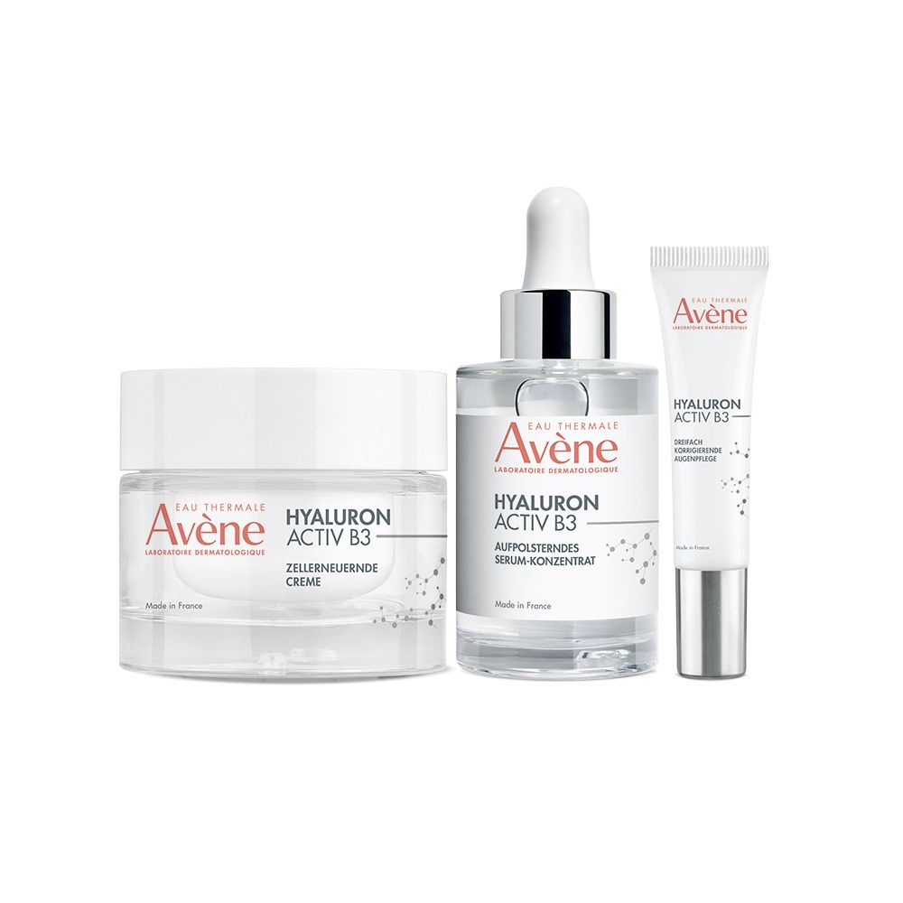 Avène Hyaluron Activ B3 Aufpolsterndes Serum-Konzentrat + Avène Hyaluron Activ B3 dreifach korrigierende Augenpflege + Avène DERMABSOLU festigende Tagescreme