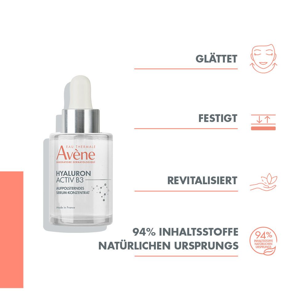 Avène Hyaluron Activ B3 Aufpolsterndes Serum-Konzentrat + Avène Hyaluron Activ B3 dreifach korrigierende Augenpflege + Avène DERMABSOLU festigende Tagescreme