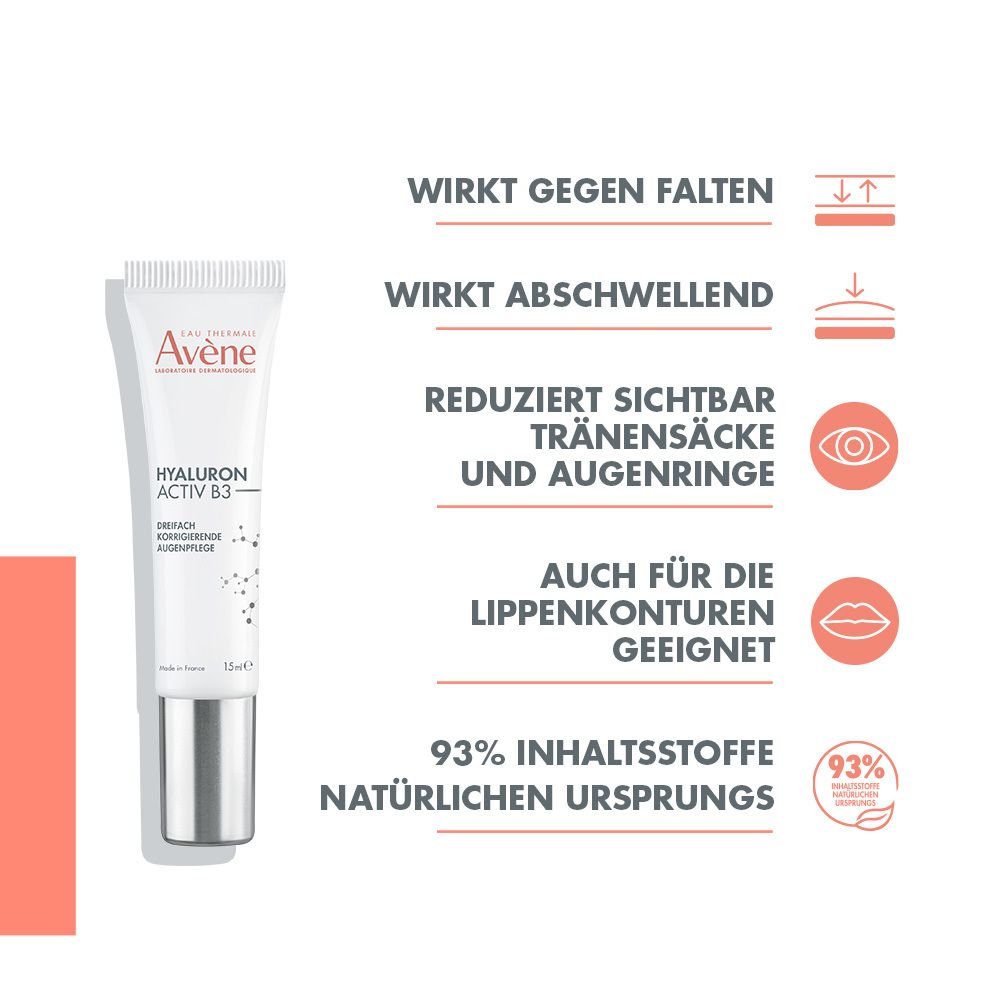 Avène Hyaluron Activ B3 Aufpolsterndes Serum-Konzentrat + Avène Hyaluron Activ B3 dreifach korrigierende Augenpflege + Avène DERMABSOLU festigende Tagescreme