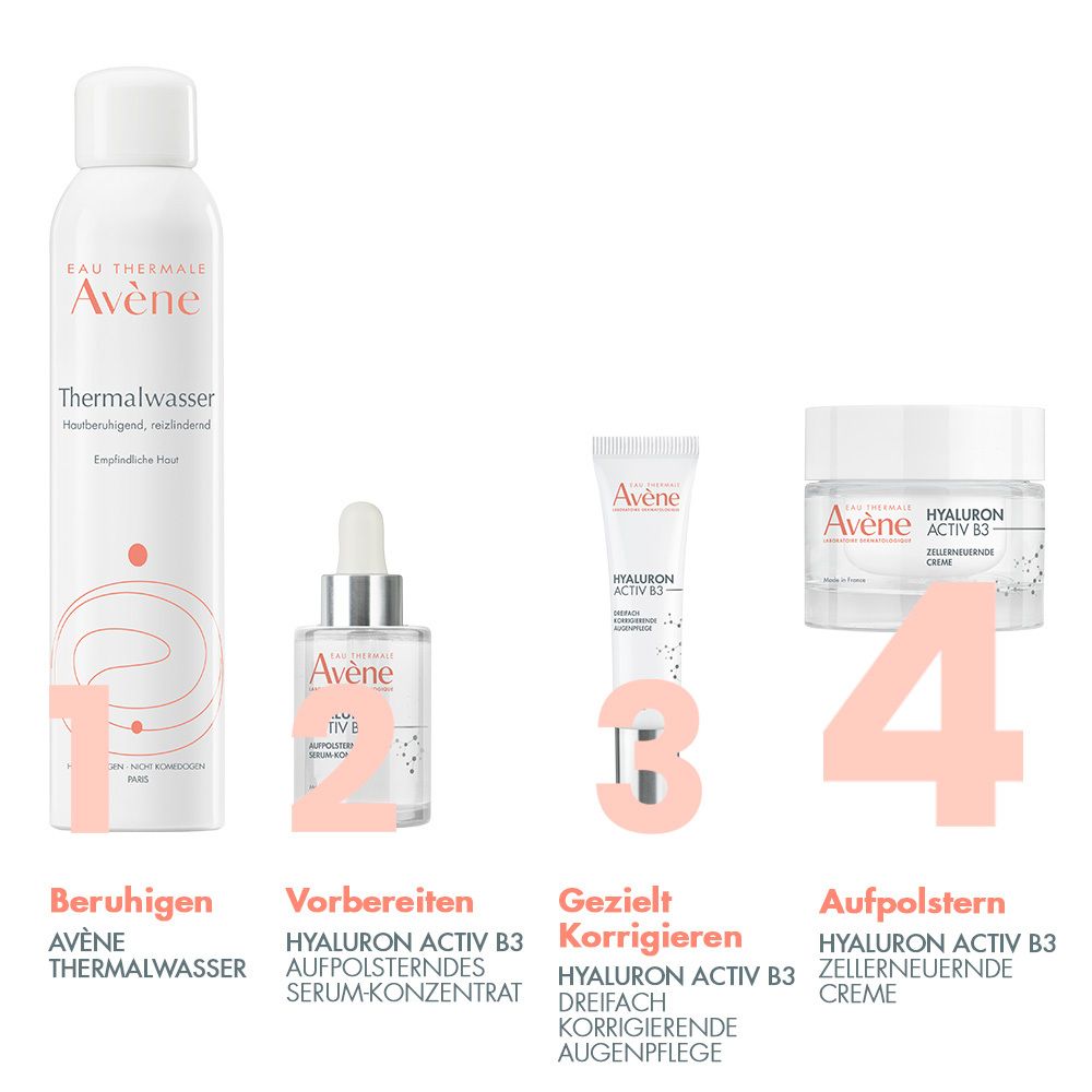 Avène Hyaluron Activ B3 Aufpolsterndes Serum-Konzentrat + Avène Hyaluron Activ B3 dreifach korrigierende Augenpflege + Avène DERMABSOLU festigende Tagescreme