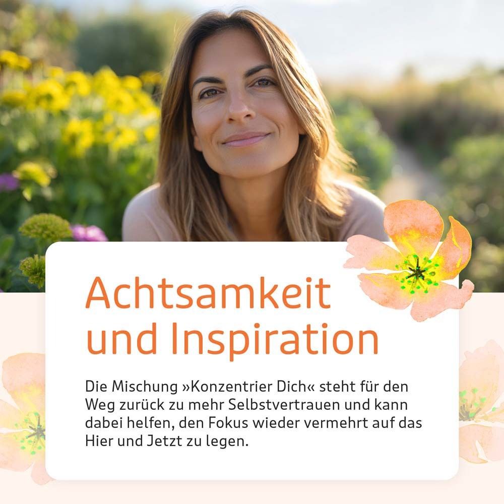 Frau lächelt vor Blumen. Text: Achtsamkeit und Inspiration. Die Mischung »Konzentrier Dich« steht für mehr Selbstvertrauen.