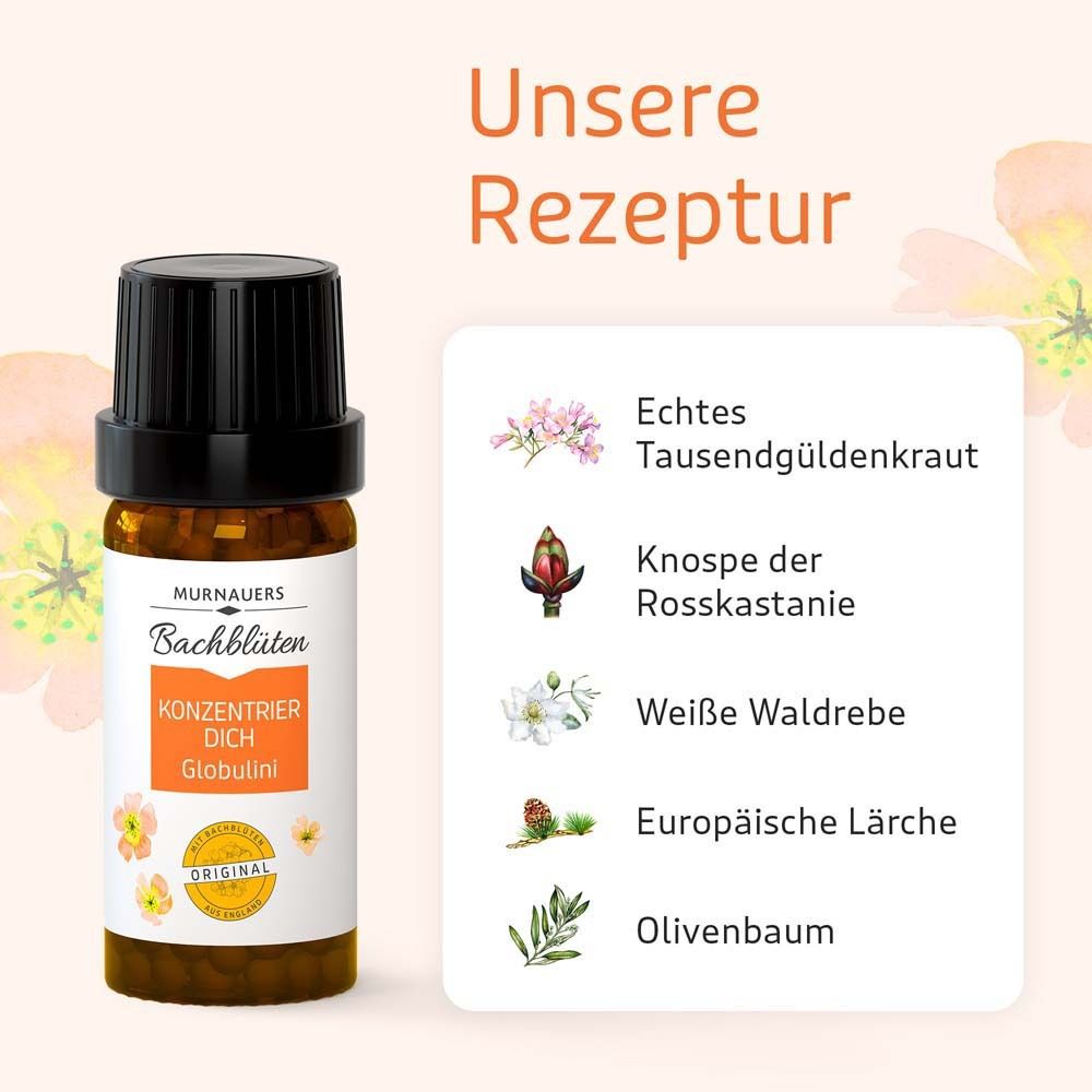Braune Flasche mit schwarzem Deckel. Aufschrift: MURNAUERS Bachblüten KONZENTRIER DICH Globulini. Mit Bachblüten Original. Zutaten-Illustrationen.