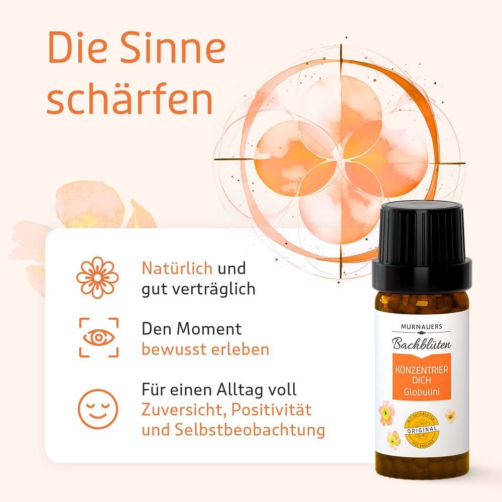 Braune Flasche mit schwarzem Deckel. Aufschrift: MURNAUERS Bachblüten KONZENTRIER DICH Globulini. Mit Bachblüten Original. Illustrationen.