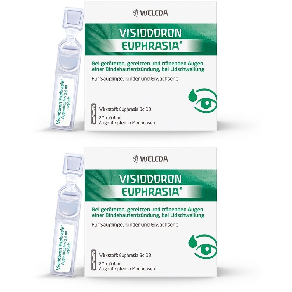 Zwei Packungen Visiodoron Euphrasia Augentropfen in Monodosen. Grüne Verpackung mit Produktnamen und Logo.