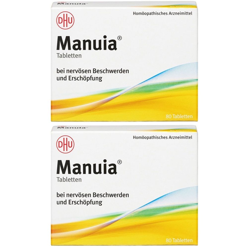 Zwei Schachteln Manuia Tabletten. Aufschrift: bei nervösen Beschwerden und Erschöpfung. Enthält 80 Tabletten. Homöopathisches Arzneimittel.