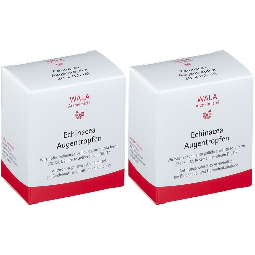 Zwei weiße Schachteln mit rotem Boden. Aufschrift: WALA Arzneimittel, Echinacea Augentropfen. Text in deutscher Sprache.