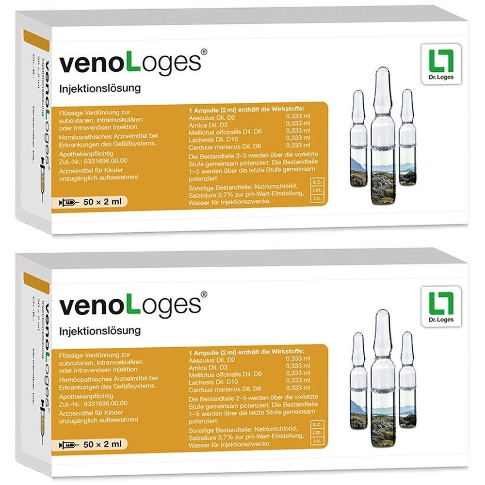Zwei Kartons venoLoges Injektionslösung. Jede Packung enthält Ampullen und Produktinformationen.