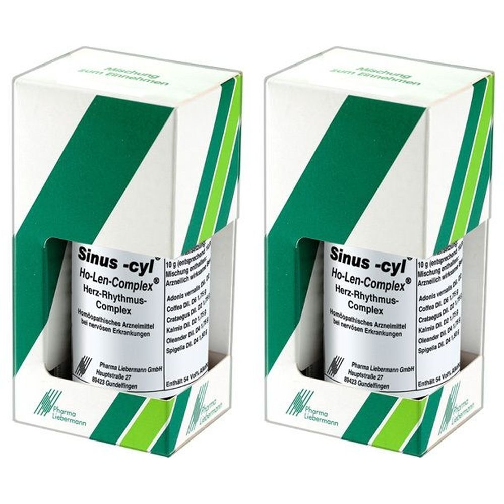 Zwei Packungen Sinus-cyl® Ho-Len-Complex Herz-Rhythmus-Complex Tropfen. Weiße Kartons mit grünen Streifen. Produktetikett mit Text.