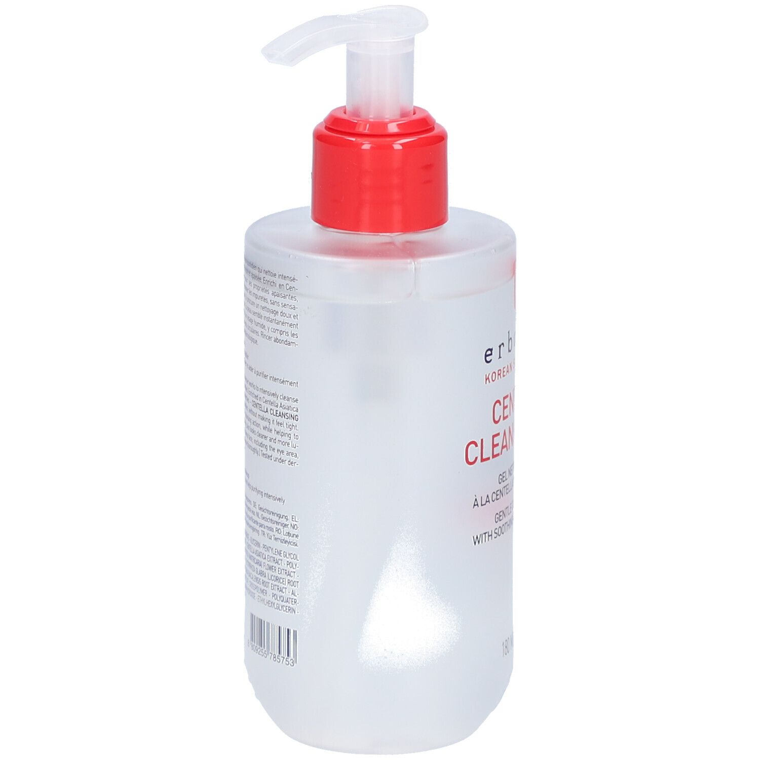 Transparente Flasche mit rotem Pumpkopf. Rückseite mit Text. Marke: Erborian.