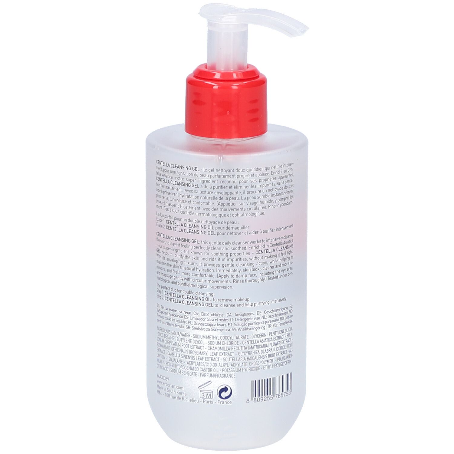 Rückseite einer transparenten Flasche mit rotem Pumpkopf. Text in mehreren Sprachen. Marke: Erborian.