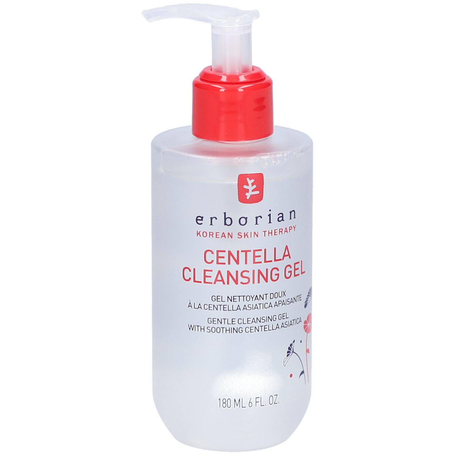 Transparente Flasche mit rotem Pumpkopf. Aufschrift: Centella Cleansing Gel. Marke: Erborian.