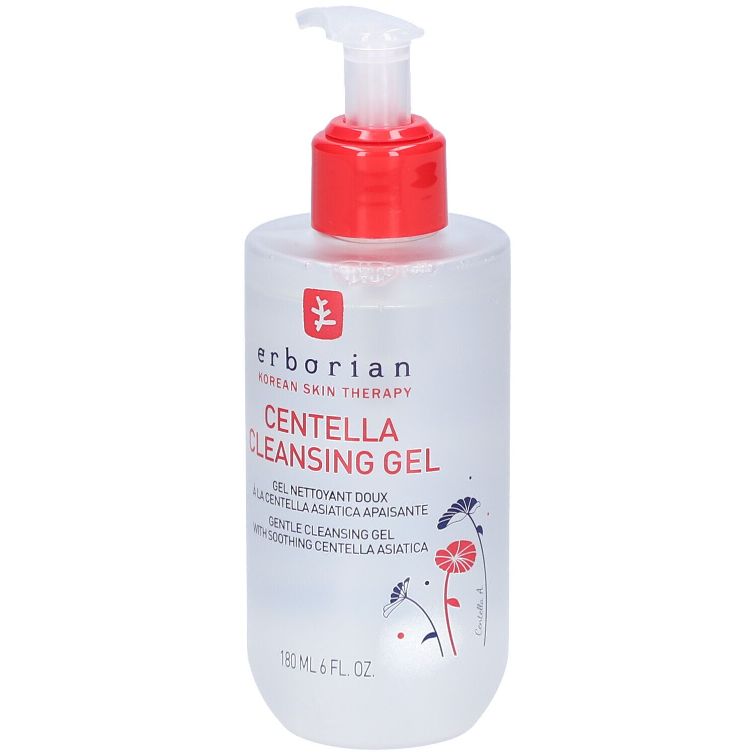 Transparente Flasche mit rotem Pumpkopf. Aufschrift: Centella Cleansing Gel. Marke: Erborian.