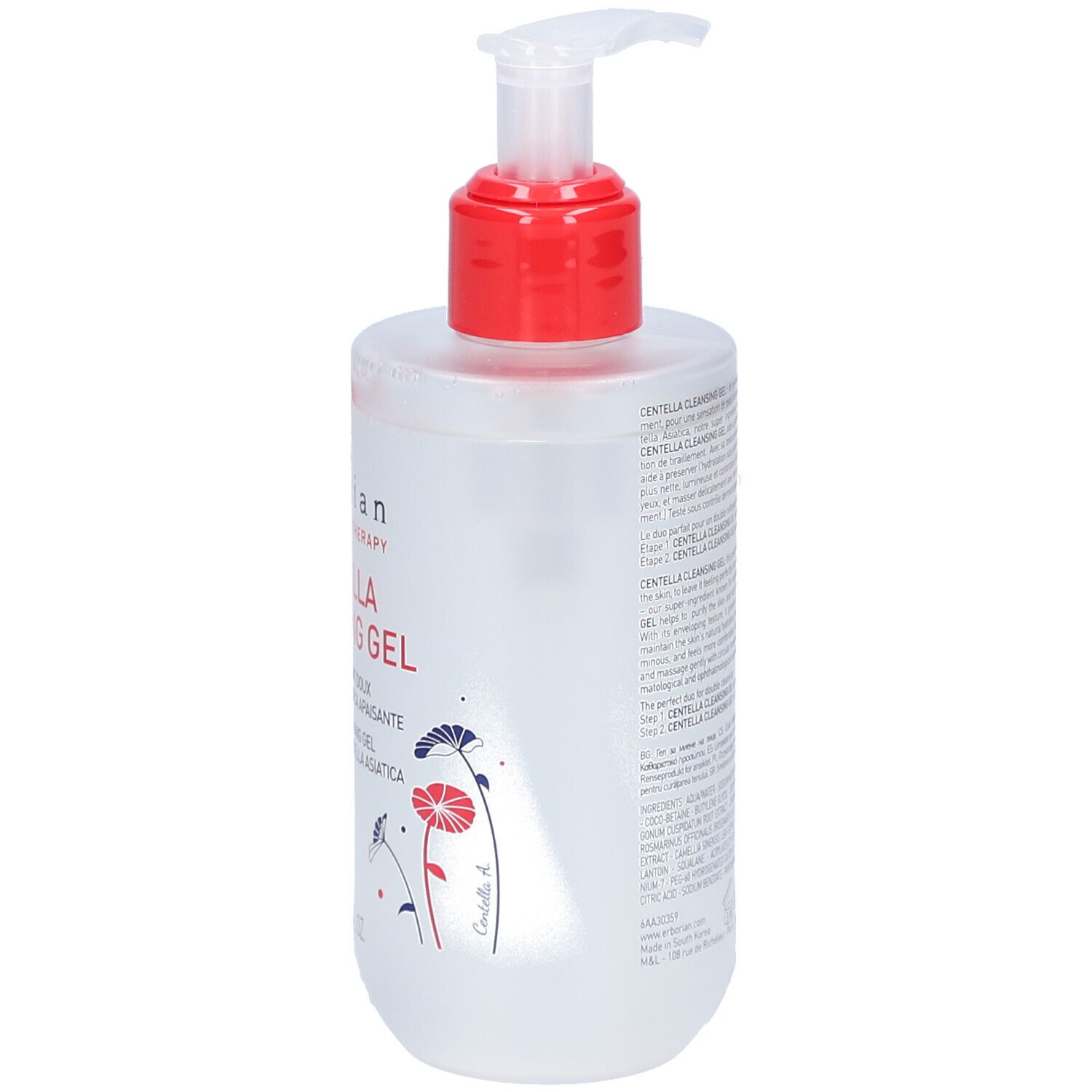 Transparente Flasche mit rotem Pumpkopf. Aufschrift: Centella Cleansing Gel. Marke: Erborian.