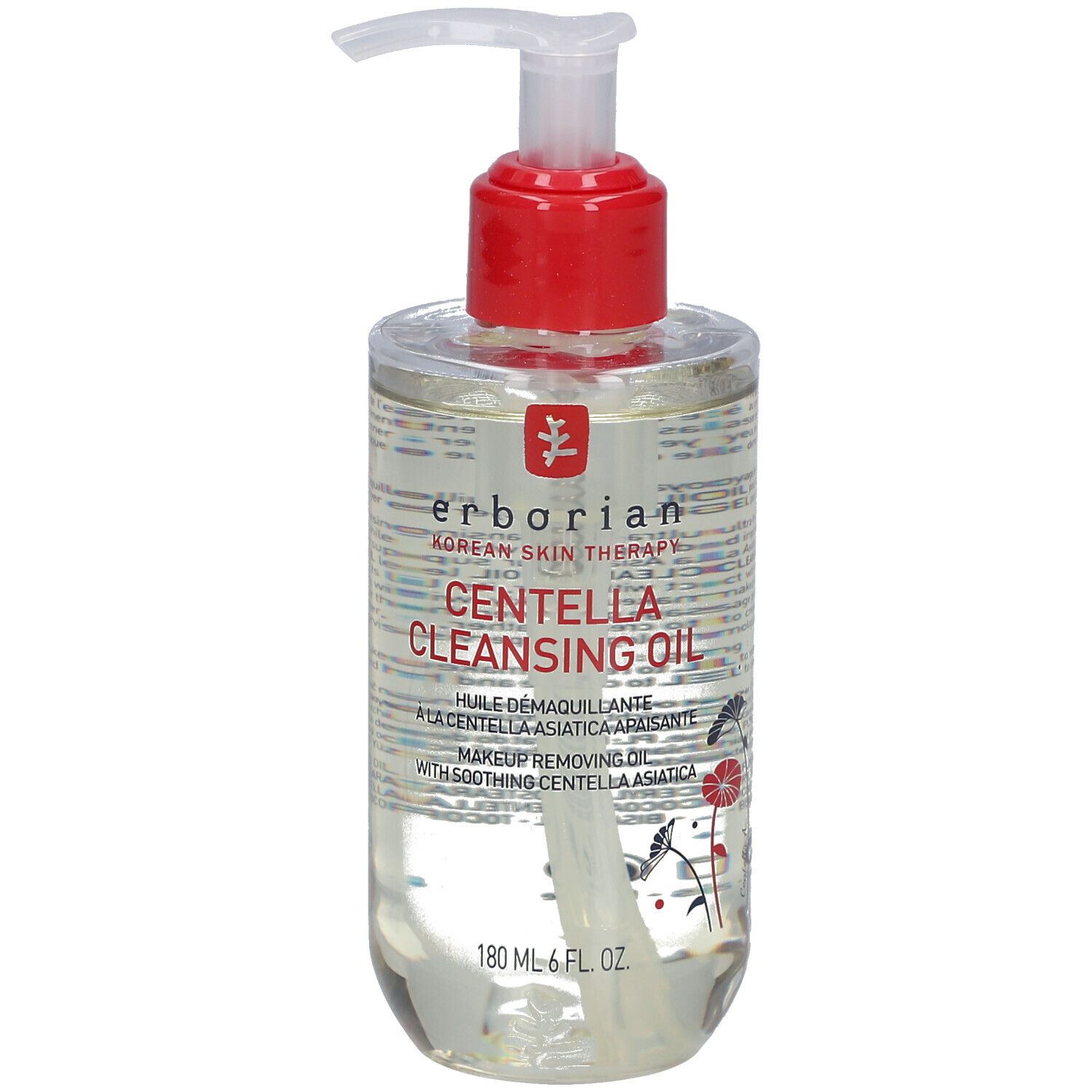 Transparente Flasche mit rotem Pumpkopf. Aufschrift: Centella Cleansing Oil. Marke: Erborian.