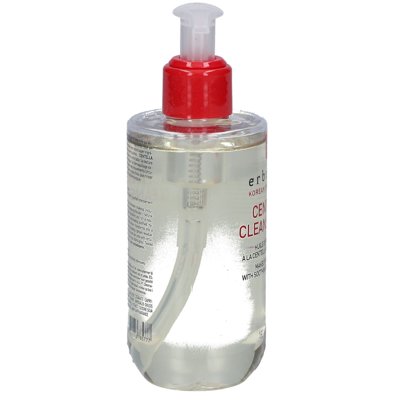 Transparente Flasche mit rotem Pumpkopf. Aufschrift und Text auf der Rückseite. Marke: Erborian.