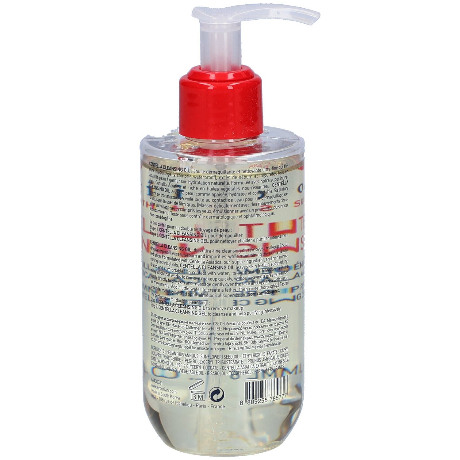 Transparente Flasche mit rotem Pumpkopf. Text und Aufschriften auf der Rückseite. Marke: Erborian.