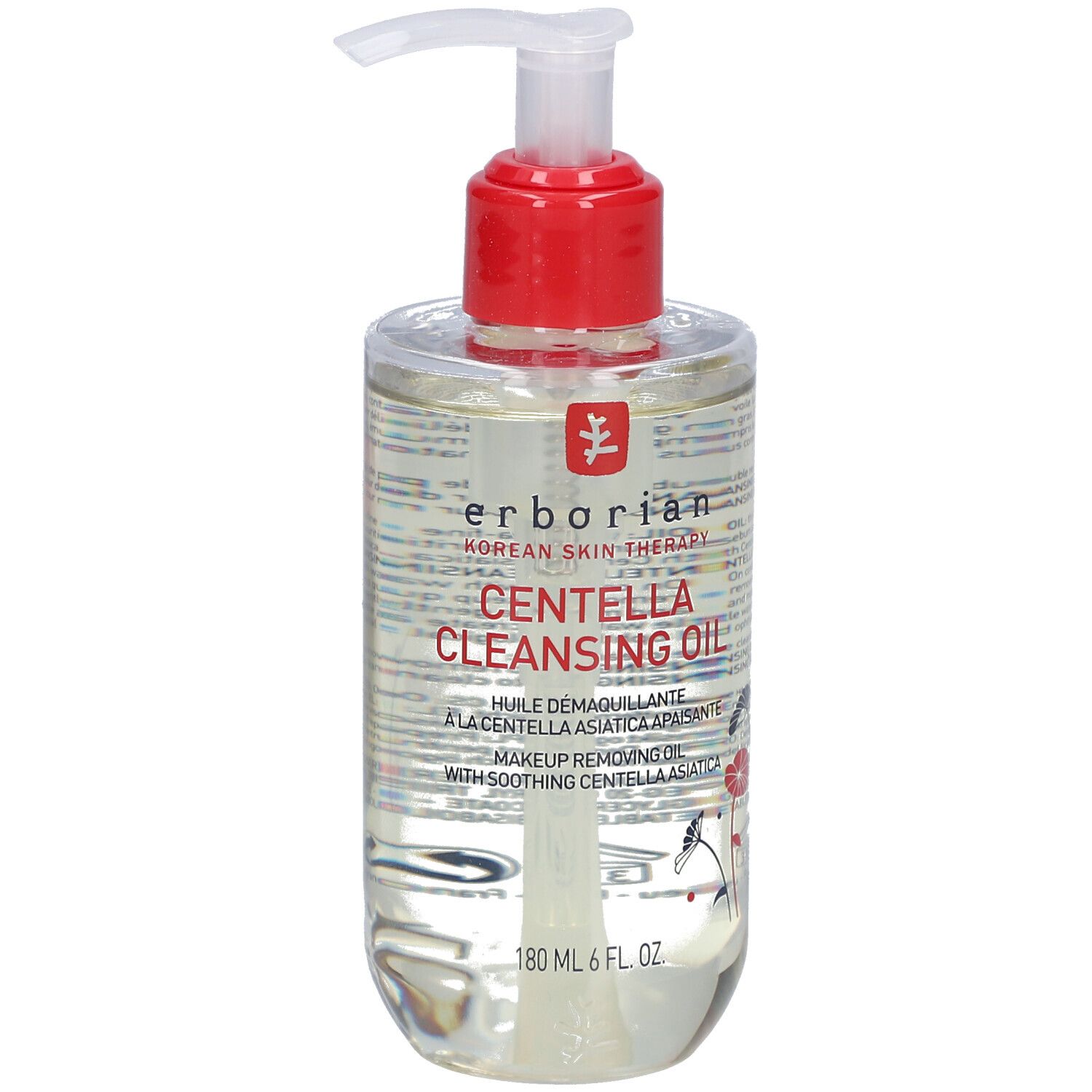 Transparente Flasche mit rotem Pumpkopf. Aufschrift: Centella Cleansing Oil. Marke: Erborian.