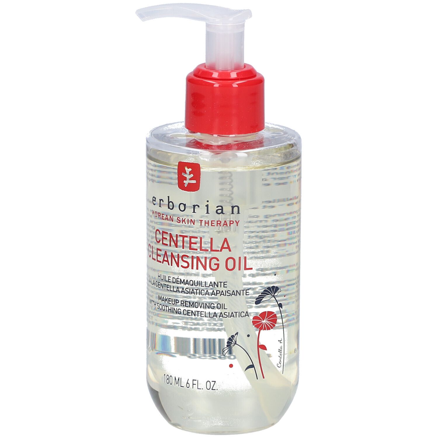 Transparente Flasche mit rotem Pumpkopf. Aufschrift: Centella Cleansing Oil. Marke: Erborian.