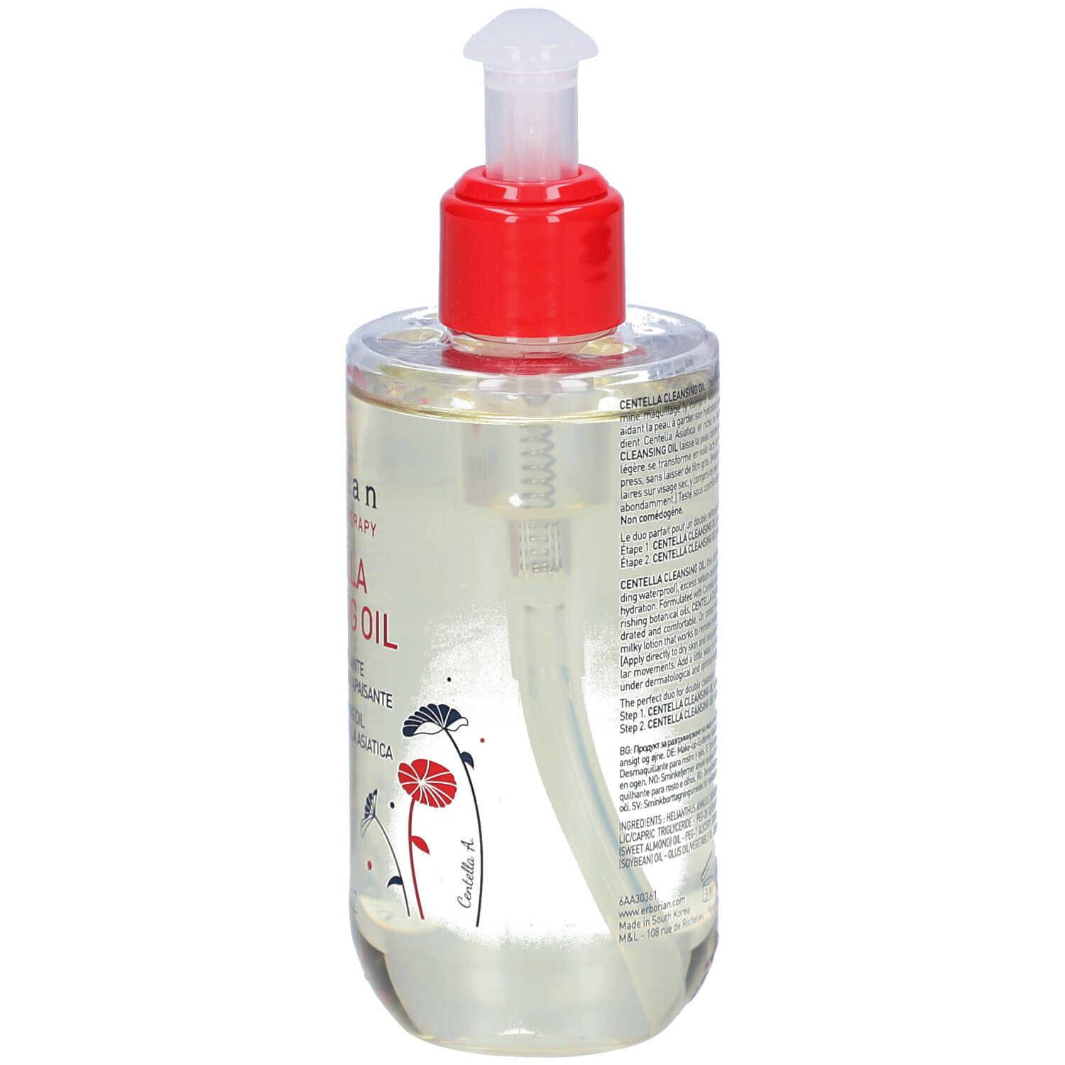 Transparente Flasche mit rotem Pumpkopf. Text und Aufschriften auf der Rückseite. Marke: Erborian.