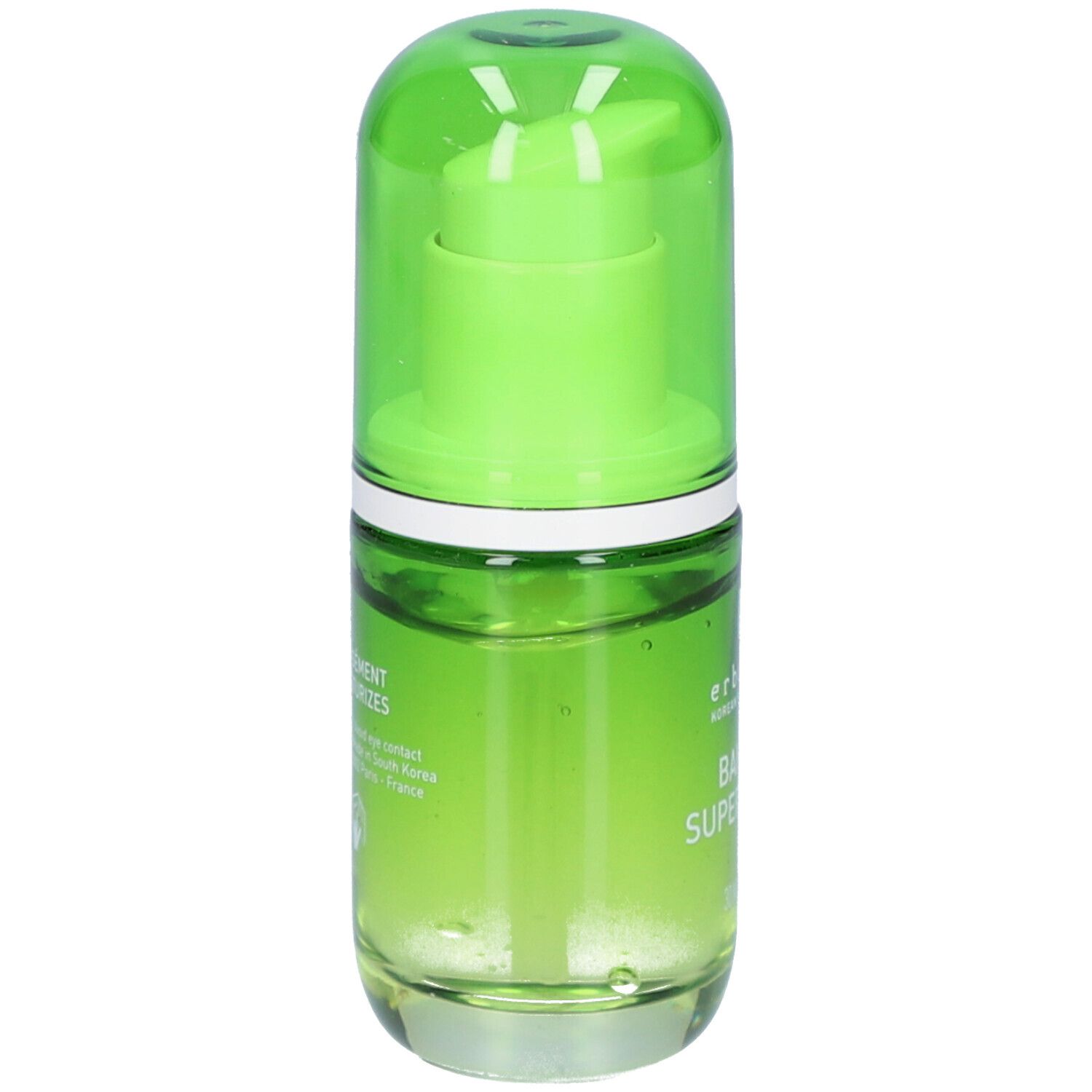 Grüne Glasflasche mit grünem Deckel. Aufschrift: erborian, Bamboo Super Serum. Rückseite mit Text.