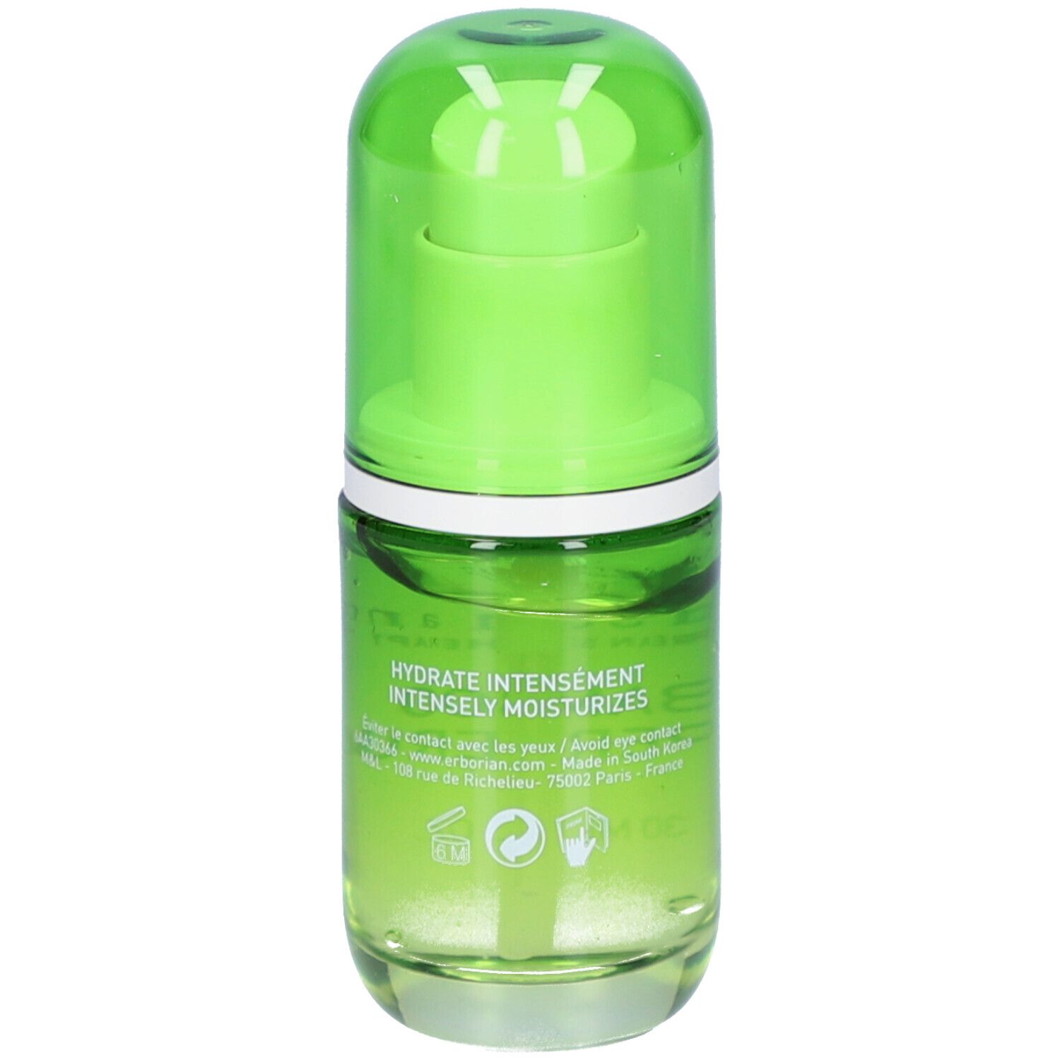 Grüne Glasflasche mit grünem Deckel. Aufschrift: erborian, Bamboo Super Serum. Rückseite mit Text.