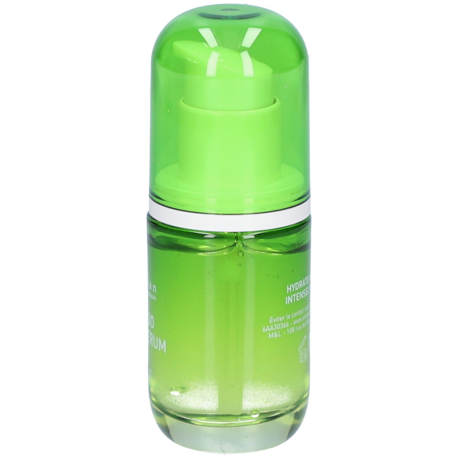 Grüne Glasflasche mit grünem Deckel. Aufschrift: erborian, Bamboo Super Serum. Rückseite mit Text.