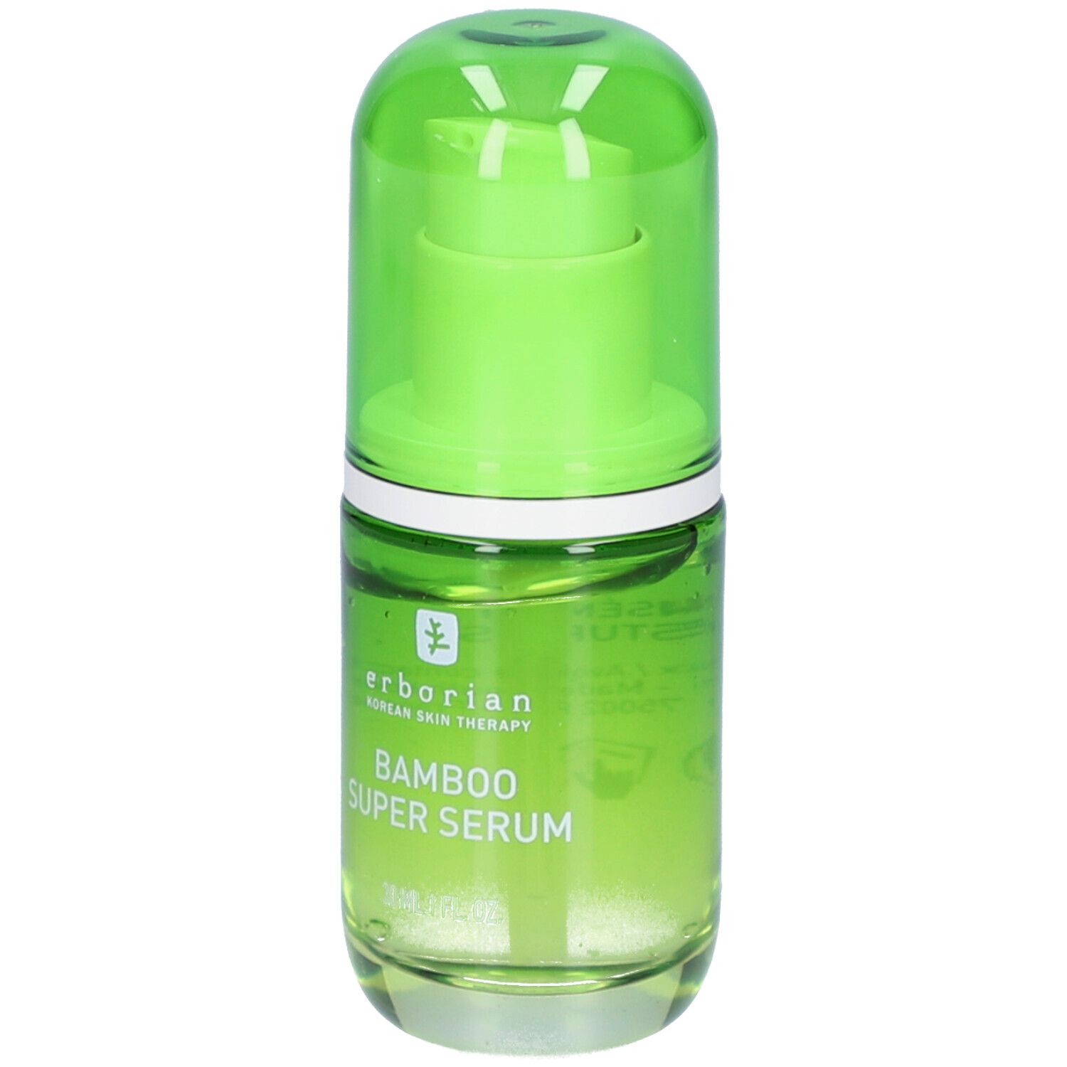 Grüne Glasflasche mit grünem Deckel. Aufschrift: erborian, Bamboo Super Serum. 30 ml.