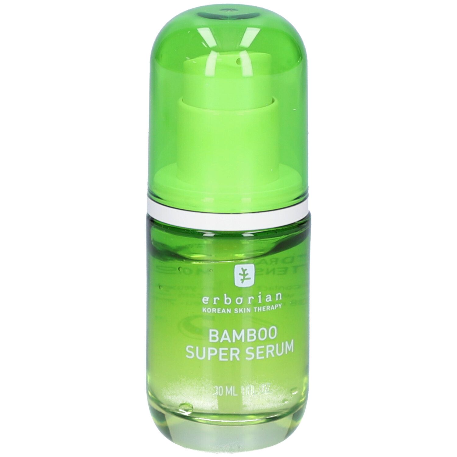 Grüne Glasflasche mit grünem Deckel. Aufschrift: erborian, Bamboo Super Serum. 30 ml.
