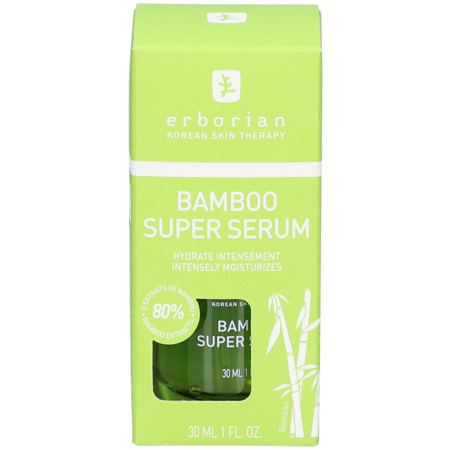 Grüne Schachtel mit Produkt. Aufschrift: erborian, Bamboo Super Serum. 30 ml. Bambus-Illustration.