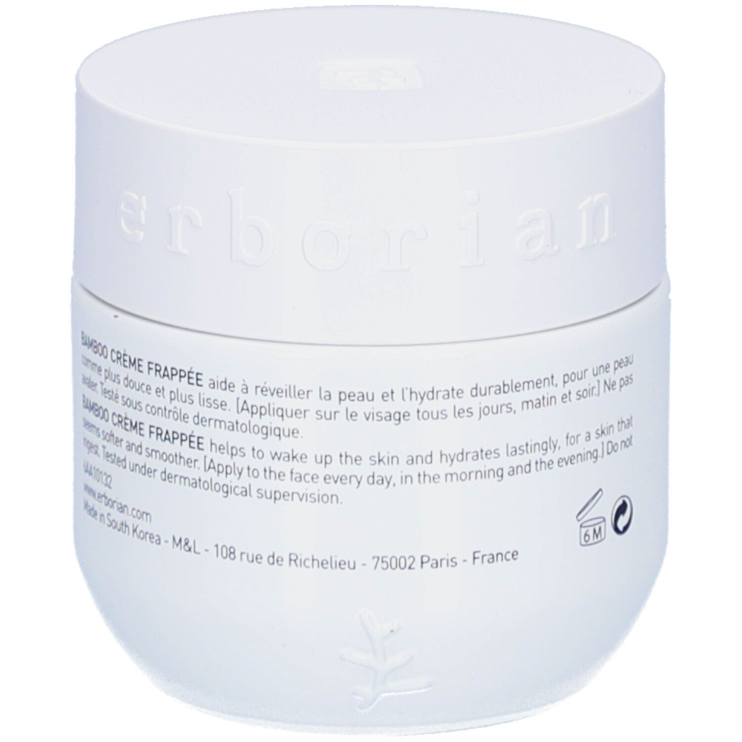 Weißer Tiegel mit grünem Schriftzug Bamboo Crème Frappée. Text: Gel Crème Fraîcheur Hydratant, 50 ml.